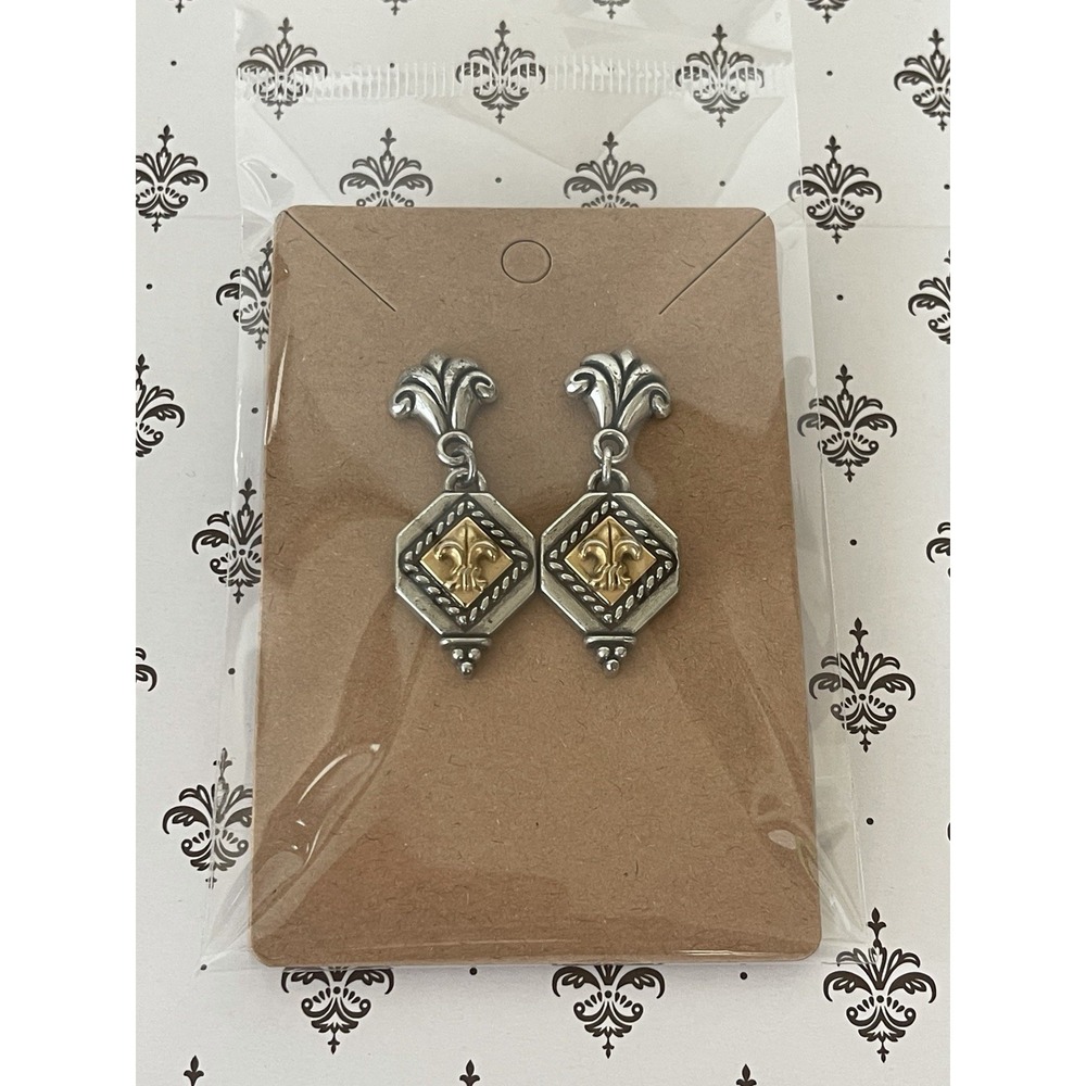 Vintage Brighton Collectibles Retired Two Tone Fleur De Lis Dangle Earrings - Picture 7 of 8